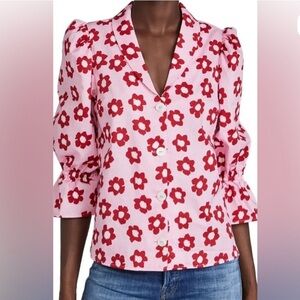 KITRI Bretta Pink Floral Cotton Top Puff Sleeve Button Up Blouse Sz 4 Retro